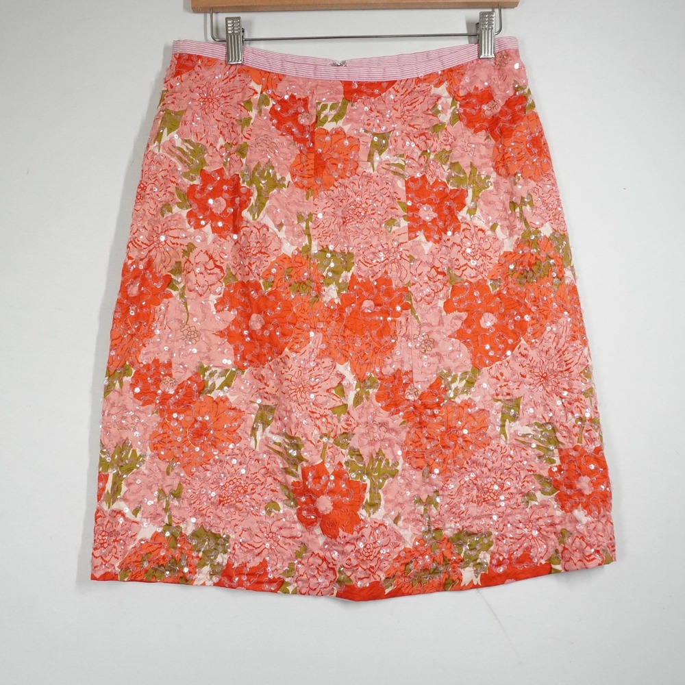 Snak Women Orange Pink Floral Sequin Cotton A-Line Midi Skirt Size 6 Whimsy Glam